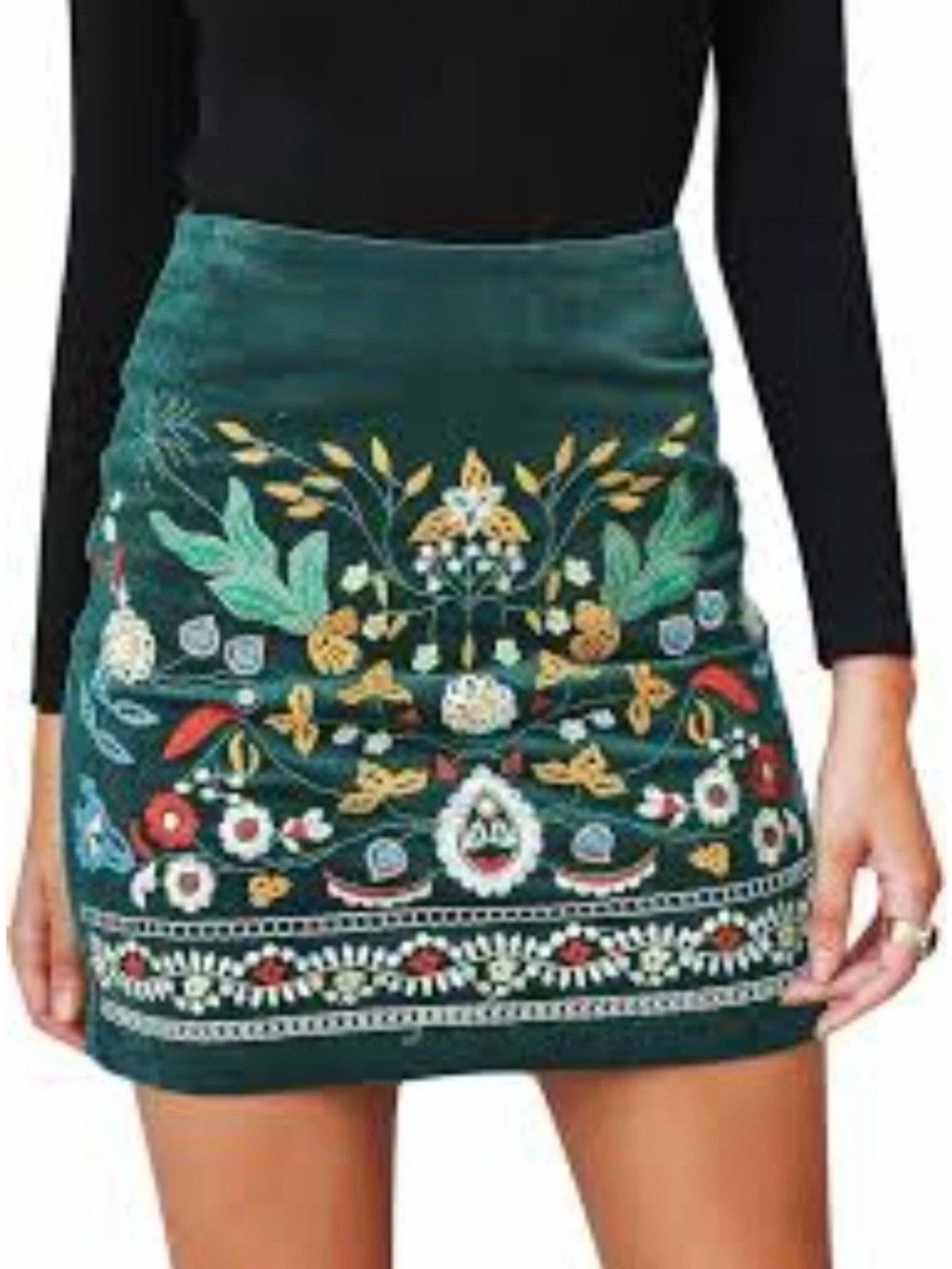 Stunning Embroidered Corduroy Mini Skirt Teal Floral Boho Cottagecore Size S